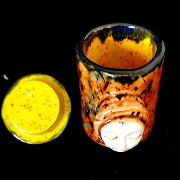 Handmade Small Ceramic Stash Jar with Face, Speckled Carmel Brown - Picture 9 of 11